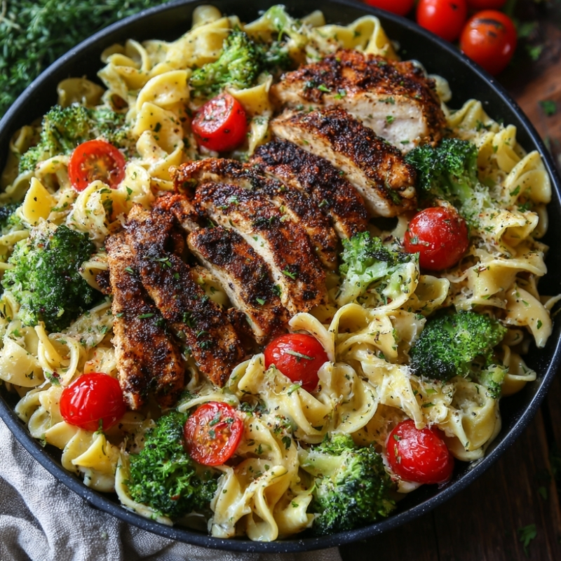 Delicious Blackened Chicken Alfredo Pasta With Broccoli And Cherry Tomatoes